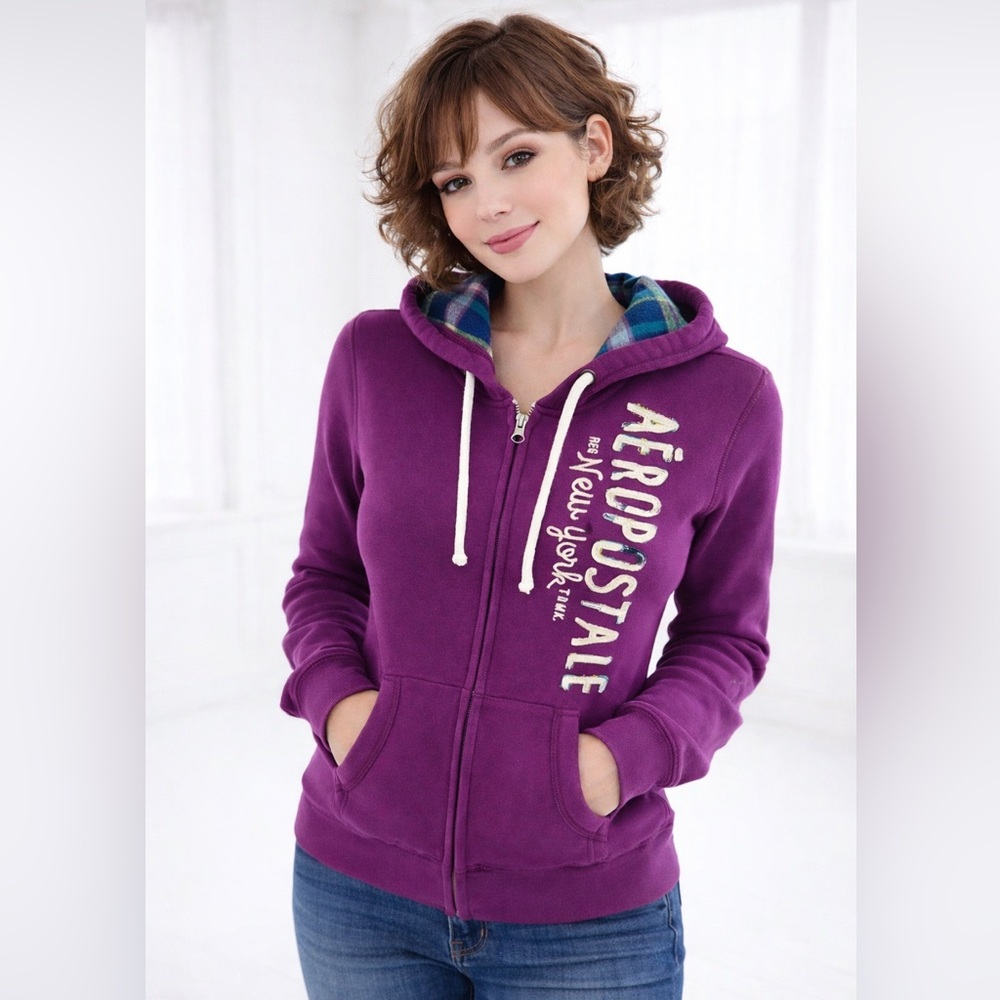 Aeropostale  purple hoodie plaid in hood. White strings. Front pockets full zip